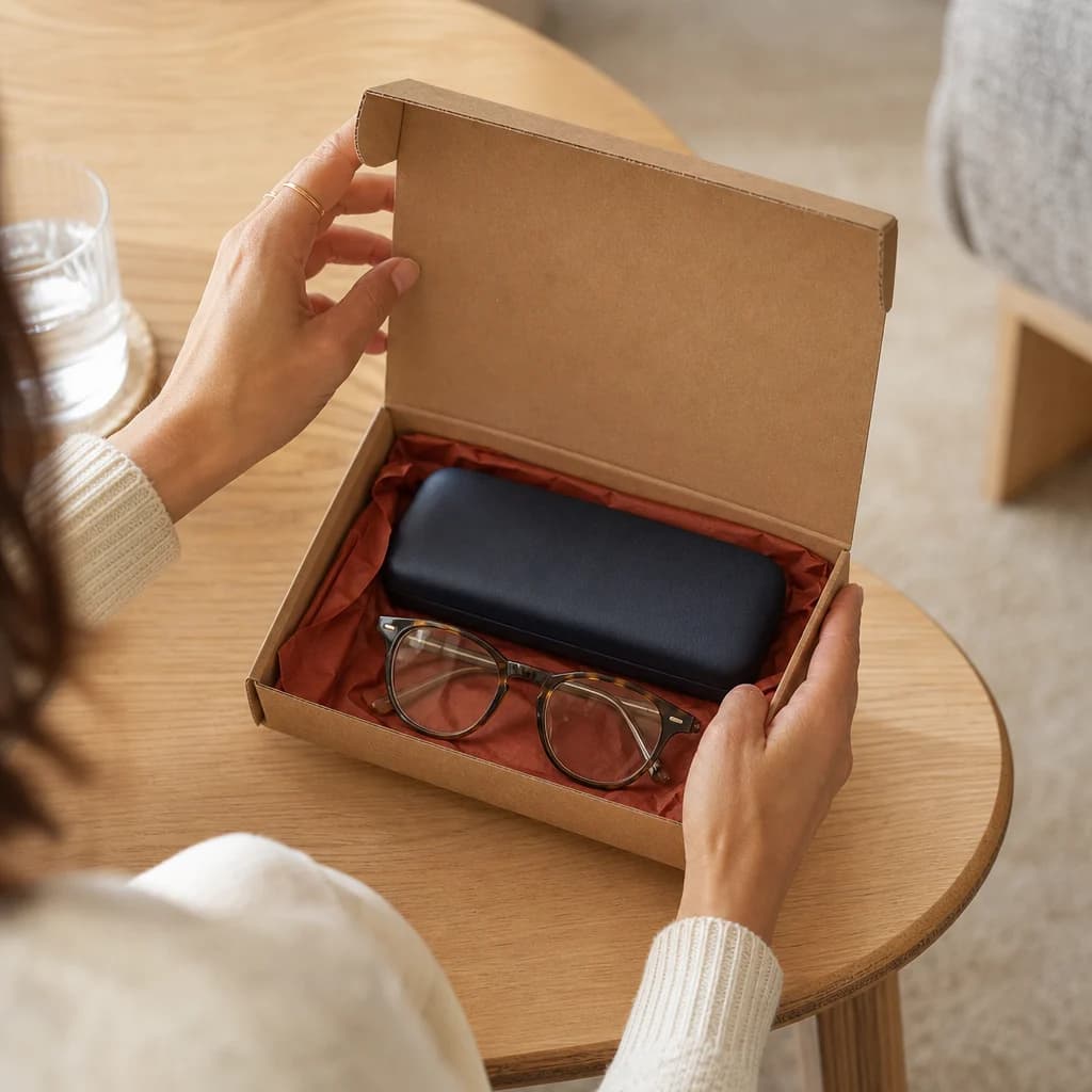 A customer opening a box containing a glasses case and a completed pair of glasses