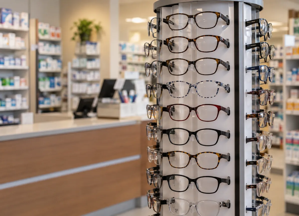 A rotating display of ready-made reading glasses beside a pharmacy counter
