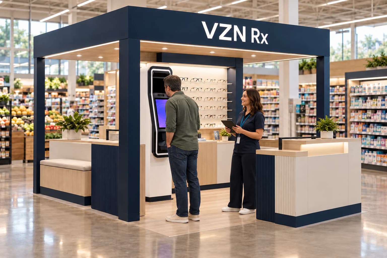 A shopper uses the touchscreen screening station at an illustrative VZN Rx kiosk while an attendant with a tablet looks on