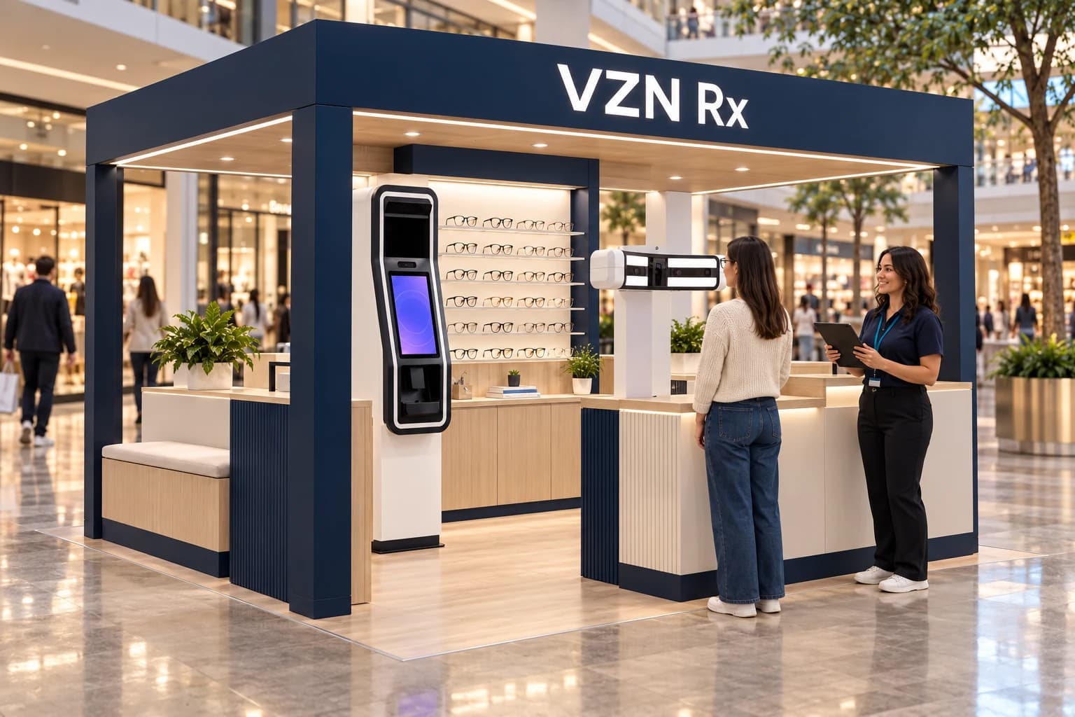 An illustrative VZN Rx kiosk in a shopping mall with a screening station, a frame display, an optional frame-fit scanner, and an attendant helping a shopper