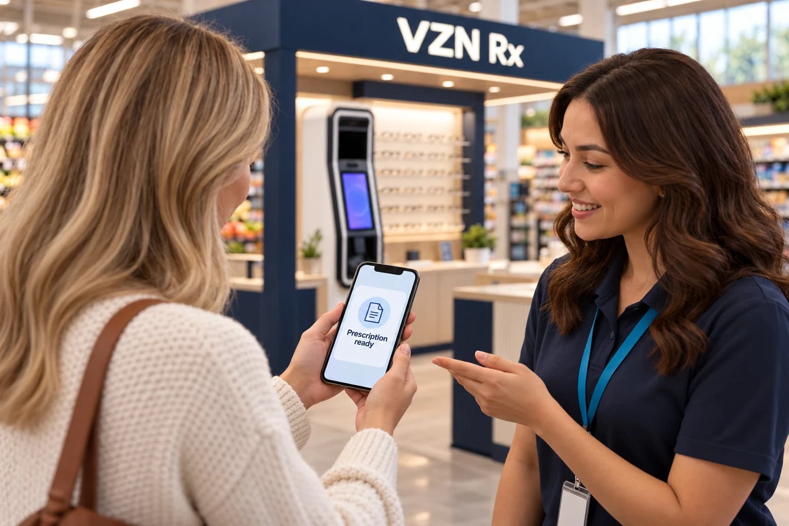 An attendant and a shopper look at a phone showing a “Prescription ready” message in front of a VZN Rx kiosk